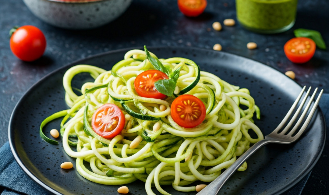 Zucchini Noodles with Pesto and Cherry Tomatoes
